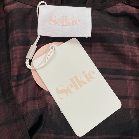 Selkie NWT Heartburn Mini Dress Plaid Bordeaux Drop Waist Small - Picture 4 of 5